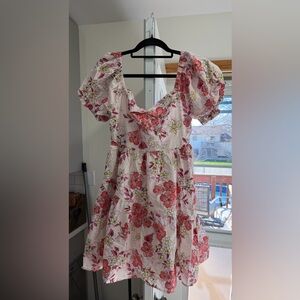 Umgee Floral Smocked Mini Dress in Pink, Red & Green